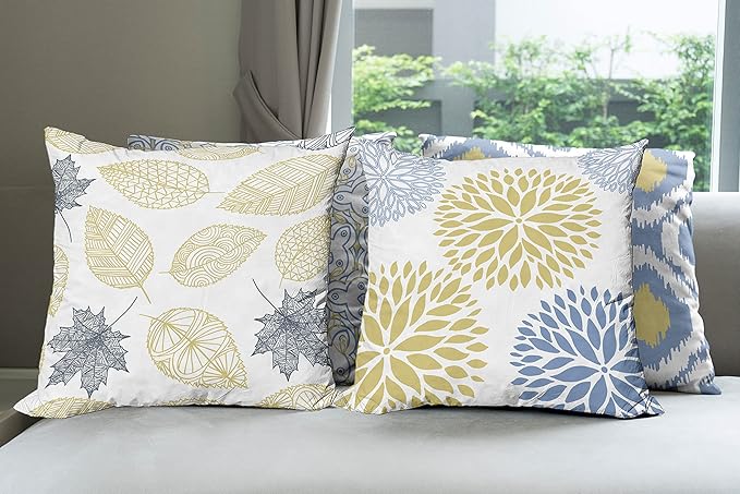 Ambesonne Vintage Throw Pillow Cushion Case Pack of 4, Bohemian Ornamental Leaves Dahlia Pattern Geometric Art Curlicue Motif, Modern Accent Double-Sided Digital Printing, 24", Mustard Dark Ceil Blue