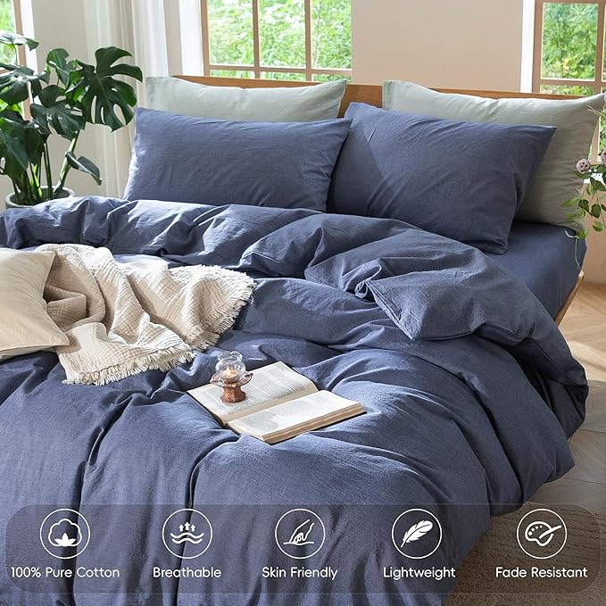MooMee Bedding Duvet Cover Set 100% Washed Cotton Linen Like Textured Breathable Durable Soft Comfy (Heathered Blue, Oversized King Plus 128"x120")