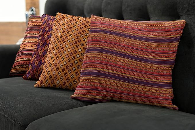 Ambesonne Ethnic Throw Pillow Cushion Case Pack of 4, Tribal Folkloric Pattern of Geometric Forms Shapes and Stripes Print, Modern Accent Double-Sided Digital Printing, 24", Orange Plum