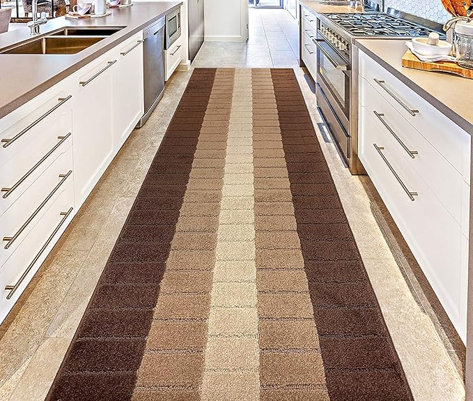 Custom Size Modern Geometric Pattern Carpet Runner Rug for Hallways, Slip Resistant Latex Rubber Backed, 31 inch Wide X Customized Length, Squares Brown, 31 inch X 3 feet, Doormat Size
