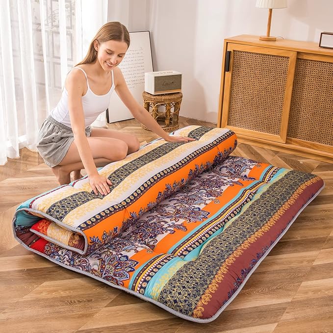 MAXYOYO Bohemian Retro Floor Mattress Vintage Floral Japanese Futon Mattress Roll Up Thicken Sleeping Bed Portable Camping Mattress Floor Lounger Couch Bed Pad, Twin Size