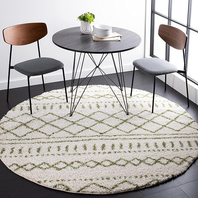 SAFAVIEH Arizona Shag Collection 6'7" Round Ivory/Green ASG741Y Moroccan Non-Shedding Entryway Foyer Living Room Bedroom Kitchen 1.2-inch Thick Area Rug