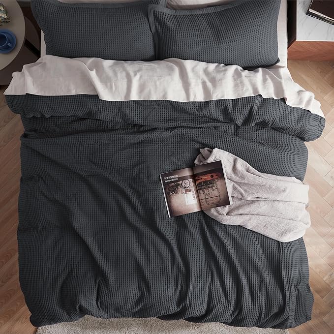 Bedsure Cotton Duvet Cover Full - 100% Cotton Waffle Weave Charcoal Duvet Cover Set, GentleSoft™ and Breathable Bedding Set for All Season, 3 Pieces, 80"x90"