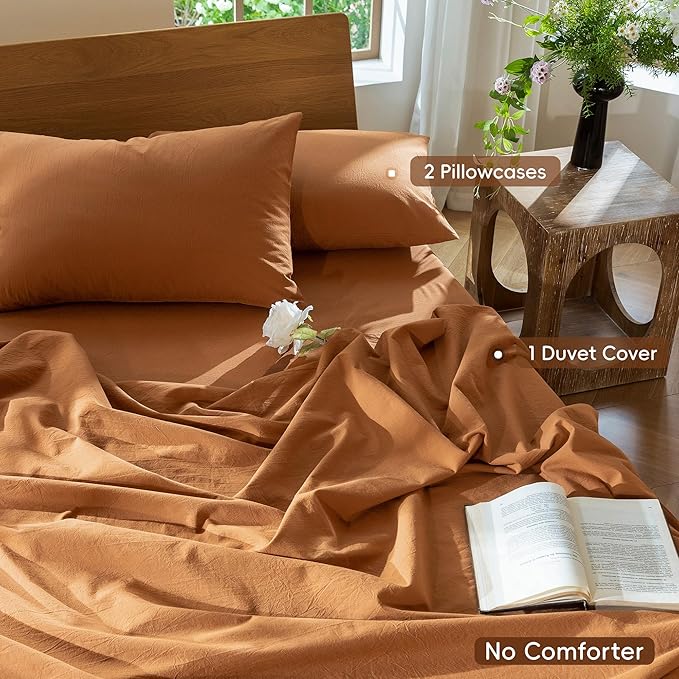 MooMee Bedding Duvet Cover Set 100% Washed Cotton Linen Like Textured Breathable Durable Soft Comfy (Solid Burnt Orange, Super King 108"x98")