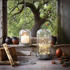 5" & 4" Wide Versatile Metal Candle Holder in Shabby Black with Handmade Thick & Sturdy Glass Dome Cover for Pillar Candle & Plants, Industrial, Farmhouse (2, Black Shabby, Large & Small)