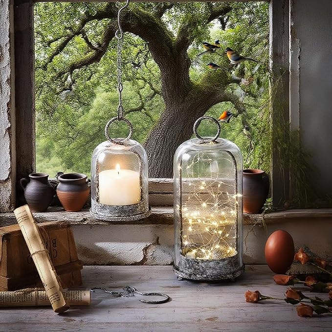 5" & 4" Wide Versatile Metal Candle Holder in Shabby Black with Handmade Thick & Sturdy Glass Dome Cover for Pillar Candle & Plants, Industrial, Farmhouse (2, Black Shabby, Large & Small)