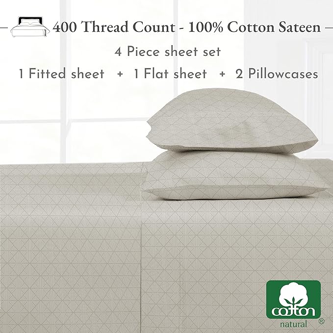 California Design Den Printed King Size Sheets Set - Luxury 400 Thread Count Sateen, Natural 100% Cotton Sheets, Deep Pockets, Cooling and Durable Bedding Set - Taupish-Sage Crosshatch