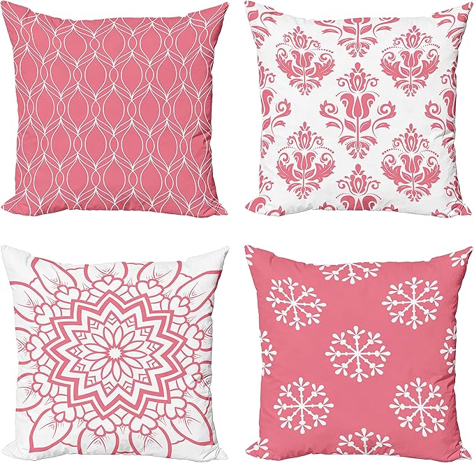 Ambesonne Retro Throw Pillow Cushion Case Pack of 4, Trellis Grid Medieval Floral Damask Mandala Flower Ornament in Modern Monochrome, Modern Accent Double-Sided Digital Printing, 24", Pastel Pink
