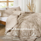 Bedsure Tufted Boho Comforter Set Oversized Queen - Khaki Boho Bed Set, GentleSoft™ 3 Pieces Farmhouse Shabby Chic Embroidery Bedding, Gifts for Woman, Soft Jacquard Comforter for All Seasons