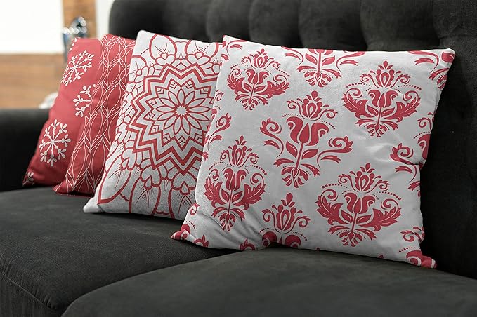 Ambesonne Retro Throw Pillow Cushion Case Pack of 4, Trellis Grid Medieval Floral Damask Mandala Flower Ornament in Modern Monochrome, Modern Accent Double-Sided Digital Printing, 16", Dark Coral