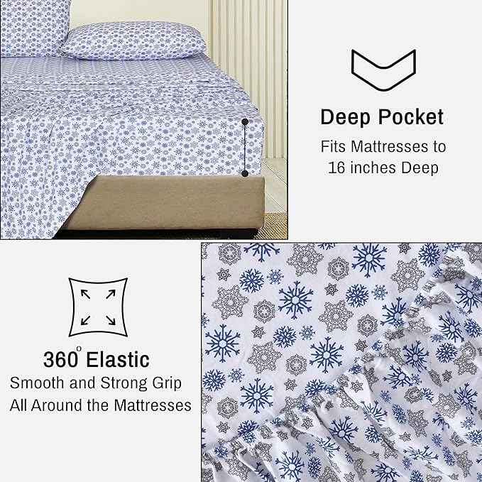 RUVANTI Flannel Sheets Full Size - 100% Cotton Double Brushed Bed Sheets Set, Deep Pockets 16 Inches, All Seasons Breathable & Extra Soft Full Sheets, Warm & Cozy, 4 Piece, Snow Flake Grey