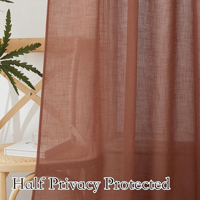 RYB HOME Semi Sheer Linen Blend Curtains 63 inch Length, Light Filtering Semi Transparent UV Protection Window Panels Drapes for Farmhouse, Living Room, Study, W 52 x L 63 inch, Terracotta