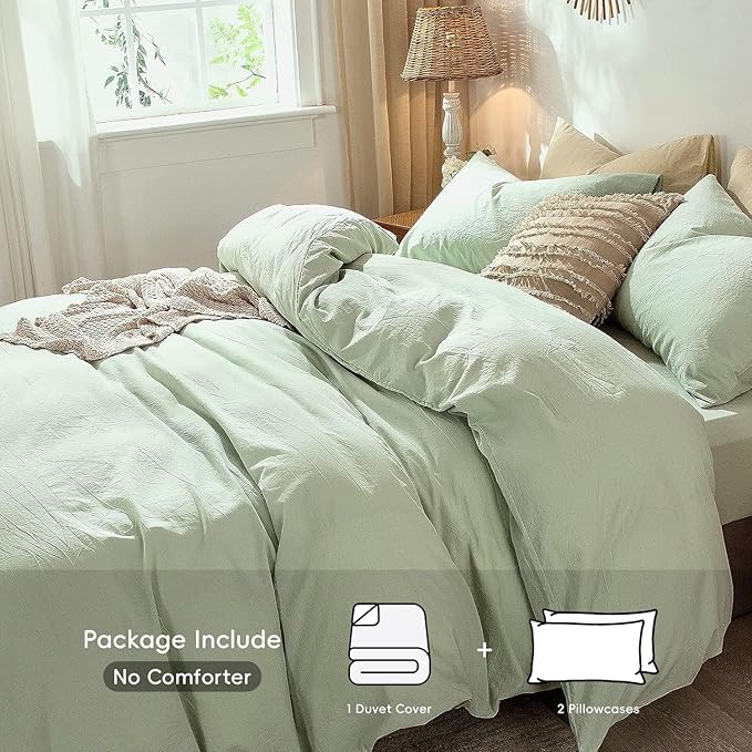 MooMee Bedding Duvet Cover Set 100% Washed Cotton Linen Like Textured Breathable Durable Soft Comfy (Heathered Seaglass Green, Cal King 104"x98")