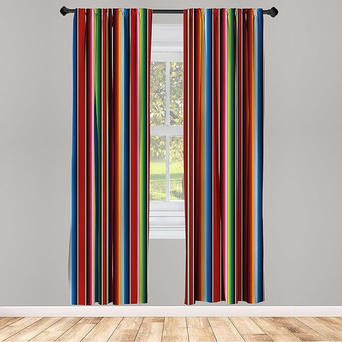 Ambesonne Cinco de Mayo Window Curtains Pack of 2, Mexican Serape Colorful Stripes Vertical Lines Latino Design Illustration, Lightweight Set with Rod Pocket, 4 Panels of - 28" x 95", Burgundy Blue