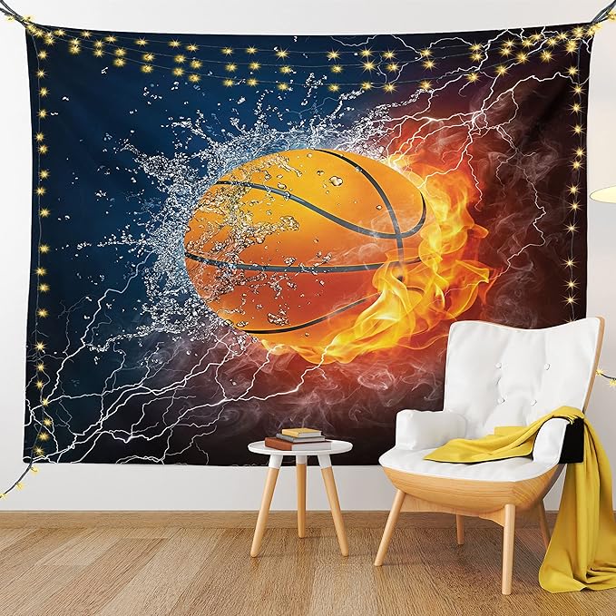 Ambesonne Sports Tapestry, Basketball Ball and Water Splashing Thunder Lightning Themed Design, Wall Hanging for Bedroom Living Room Dorm Decor, 60" X 80", Dark Blue and Burgundy
