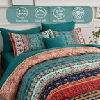 Cottolester Boho Full Size Comforter Set 8 Pieces,Green and Brown Bohemian Striped Bed in a Bag,Floral Soft Microfiber Bedding Comforter Set