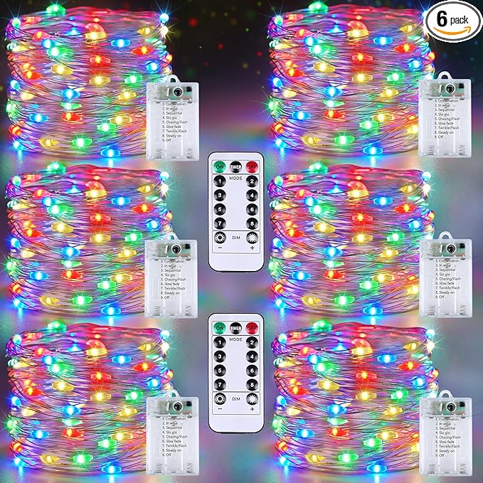 6 Pack Fairy Lights Battery Operated with Remote Control Timer, 26 FT 80 LED String Lights Outdoor Indoor, 8 Modes Twinkle Lights for Christmas Party Wedding Birthday Bedroom Decorations (Multicolor)