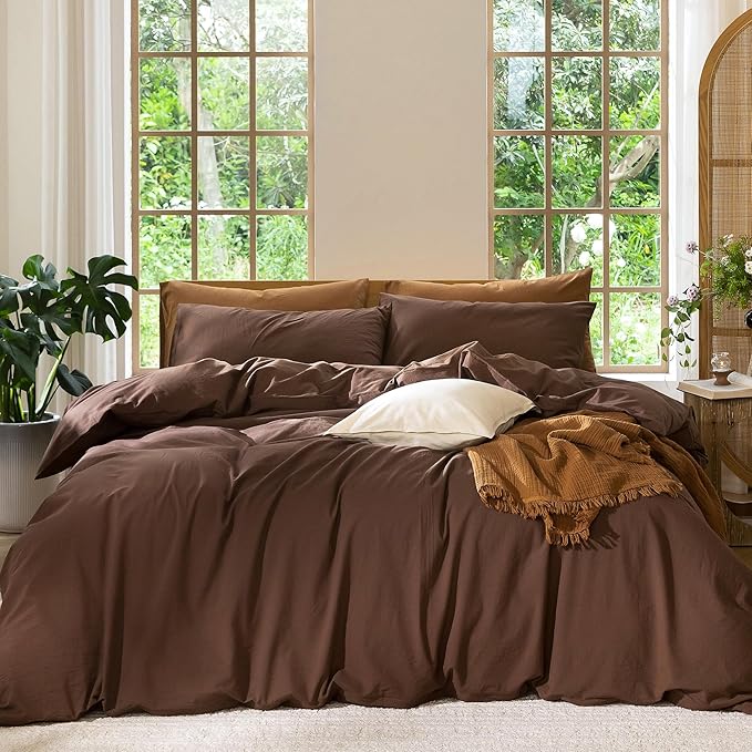 MooMee Bedding Duvet Cover Set 100% Washed Cotton Linen Like Textured Breathable Durable Soft Comfy (Solid Cocoa Brown, Twin 68"x90")