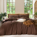 MooMee Bedding Duvet Cover Set 100% Washed Cotton Linen Like Textured Breathable Durable Soft Comfy (Solid Cocoa Brown, Oversized Queen 98"x98")