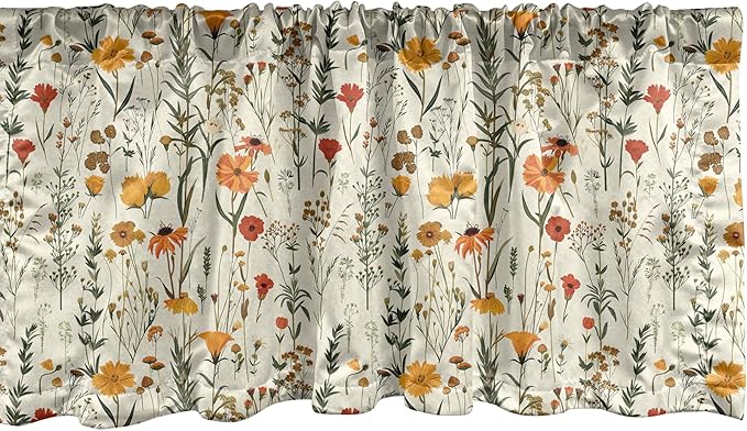 Ambesonne Fall Window Valance, Wild Flowers Illustration Print Vintage Autumnal Theme Farmhouse Vibe, Curtain Valance for Kitchen Bedroom Decor with Rod Pocket, 54" X 18", Mustard Orange Sage Green