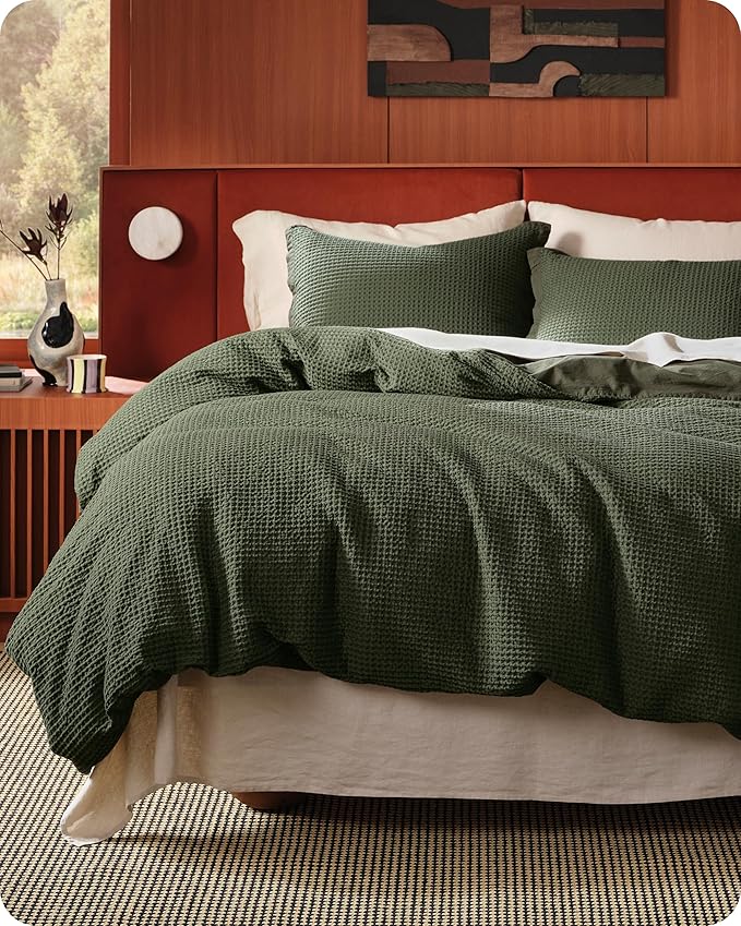 Bedsure Cotton Duvet Cover Full - 100% Cotton Waffle Weave Olive Green Duvet Cover Set, GentleSoft™ and Breathable Bedding Set for All Season, 3 Pieces, 80"x90"