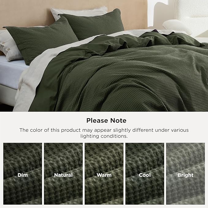 Bedsure 100% Cotton Duvet Cover Queen Size with Fitted Sheet - 4 Pieces Olive Green Waffle Weave Bedding Set, GentleSoft™ and Breathable, Includes 1 Duvet Cover 90x90, 1 Fitted Sheet, 2 Pillow Shams
