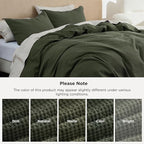 Bedsure 100% Cotton Duvet Cover Queen Size with Fitted Sheet - 4 Pieces Olive Green Waffle Weave Bedding Set, GentleSoft™ and Breathable, Includes 1 Duvet Cover 90x90, 1 Fitted Sheet, 2 Pillow Shams