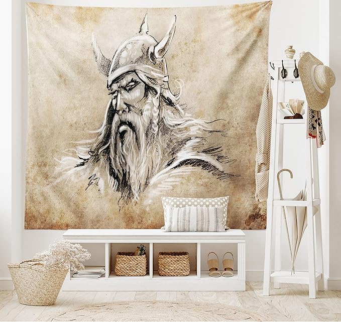 Lunarable Viking Tapestry, Sketch Style Scandinavian Warrior with Beard and Hat Masculine Portrait Tattoo, Wide Wall Hanging for Bedroom Living Room Dorm, 80" X 60", Beige Tan