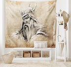 Lunarable Viking Tapestry, Sketch Style Scandinavian Warrior with Beard and Hat Masculine Portrait Tattoo, Wide Wall Hanging for Bedroom Living Room Dorm, 80" X 60", Beige Tan