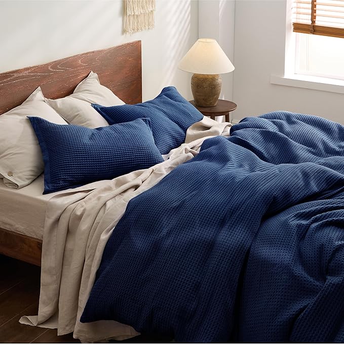 Bedsure Cotton Duvet Cover Queen - 100% Cotton Waffle Weave Navy Blue Duvet Cover Queen Size, GentleSoft™ and Breathable Bedding Set for All Season, 3 Pieces, 90"x90"