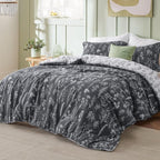 Bedsure Oversized Queen Comforter Set - Dark Grey Bed Set, 3 Pieces Cute Floral Bedding, 1 Soft Reversible Botanical Flowers Comforter and 2 Pillow Shams