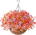 Artificial Fake Hanging Flowers Plants with Basket Outdoor, Faux Silk Colorful Daisy Metal Coconut Lining Plastic Shrubs, Farmhouse Home Garden Patio Yard Decor (Orange Yellow Purple Pink)