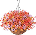 Artificial Fake Hanging Flowers Plants with Basket Outdoor, Faux Silk Colorful Daisy Metal Coconut Lining Plastic Shrubs, Farmhouse Home Garden Patio Yard Decor (Orange Yellow Purple Pink)