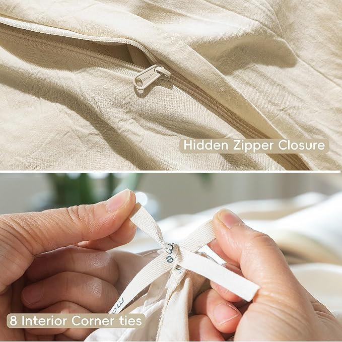 MooMee Bedding Duvet Cover Set 100% Washed Cotton Linen Like Textured Breathable Durable Soft Comfy (Heathered Almond Milk Grey, Oversized King Plus 128"x120")