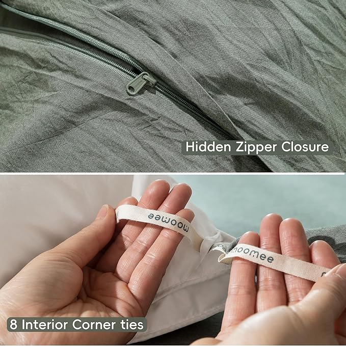 MooMee Bedding Duvet Cover Set 100% Washed Cotton Linen Like Textured Breathable Durable Soft Comfy (Heathered Green, Cal King 104"x98")
