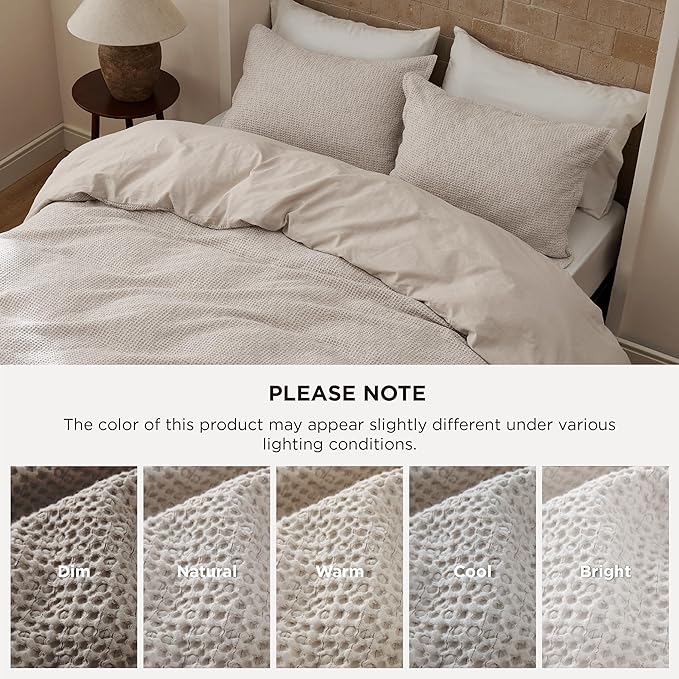 Bedsure Waffle Duvet Cover King - 100% Cotton Duvet Cover Linen Color, Space-Dyed for Enhanced Bedroom Aesthetics, GentleSoft™ and Stylish All-Season, 3-Piece Bedding Set with Button Closure, 104"x90"