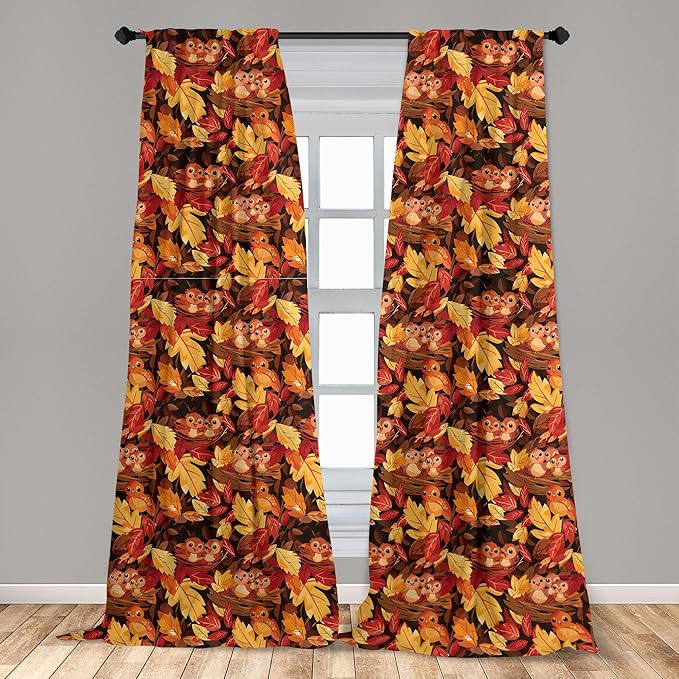 Ambesonne Fall Window Curtain Panels 4 Pack, Happy Autumnal Colors with Birds in Nests Cartoon Illustration Print, Lightweight Set with Rod Pocket, 4 Panels of 28" x 95", Cinnamon Amber and Orange