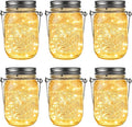 GIGALUMI Hanging Mason Jar Solar Lights, 6 Pack 30 Led Tinplate Lids Hanging Solar Lanterns Outdoor Waterproof, Hangers and Jars Included, Outdoor Decor for Balcony, Garden, Patio, Yard, Wedding