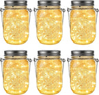 GIGALUMI Hanging Mason Jar Solar Lights, 6 Pack 30 Led Tinplate Lids Hanging Solar Lanterns Outdoor Waterproof, Hangers and Jars Included, Outdoor Decor for Balcony, Garden, Patio, Yard, Wedding