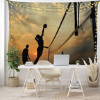 Lunarable Volleyball Tapestry, Beach Sports at Sunset Open Sky Net and Ball Activity Excitement Fun and Games, Fabric Wall Hanging Decor for Bedroom Living Room Dorm, 28" X 23", Black
