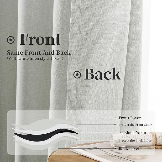 KangBang 90 Inch Linen Textured Curtains Blackout for Bedroom, Room Darkening Thermal Insulated Neutral Scandinavian Style Curtains, Back Tab Hook Belt Pleated Drapes(Greyish White,52Wx90L,2 Panels)