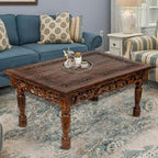 Rectangular Wooden Coffee Table Cutwork Jali Carving, Farmhouse Coffee Table, Rustic Center Table, Mid Century, Rustic and Modern Style Living Room Furniture - 36x24x18 Inch Burnt