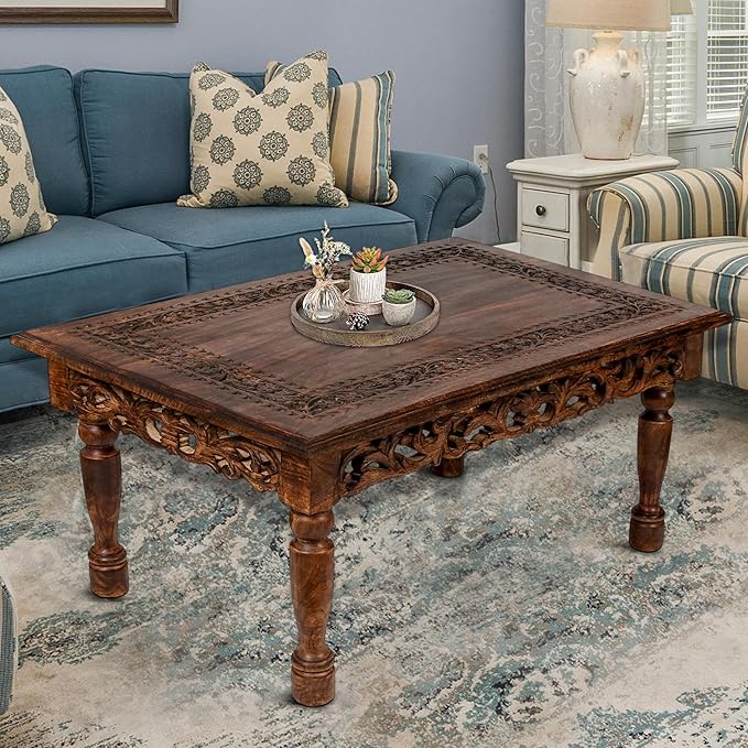 Rectangular Wooden Coffee Table Cutwork Jali Carving, Farmhouse Coffee Table, Rustic Center Table, Mid Century, Rustic and Modern Style Living Room Furniture - 36x24x18 Inch Burnt