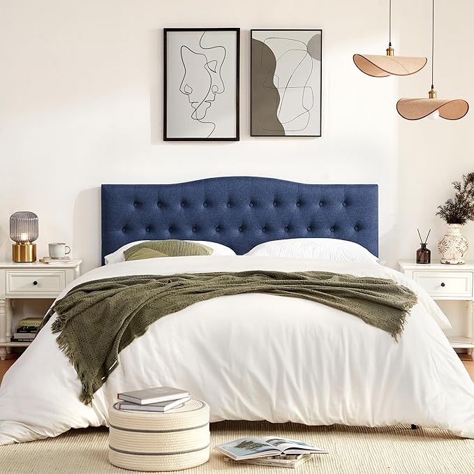 Tufted Upholstered Headboard Queen Size, Sturdy & Durable Solid Wood Bed headboard, Fabric Headboard Adjustable Height from 37” to 51”, Modern Button Diamond Design Head Board, Blue