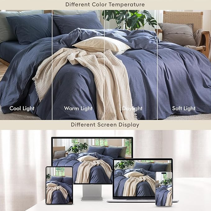 MooMee Bedding Duvet Cover Set 100% Washed Cotton Linen Like Textured Breathable Durable Soft Comfy (Heathered Blue, Palatial King/Oversized King 120"x98")