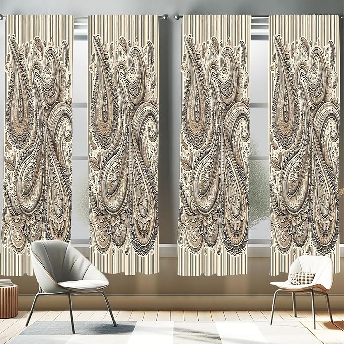 Ambesonne Paisley Window Curtains Pack of 2, Delicate Bohemian Leafy Motives on Stripes in Neutral Muted Colors, Lightweight Set with Rod Pocket, 4 Panels of - 28" x 84", Warm Taupe Ivory and Sepia