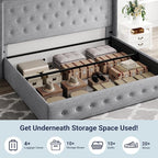 Allewie King Size Lift Up Storage Bed, Button Tufted Headboard with Wingback, Hydraulic Support, No Box Spring Needed, Light Grey