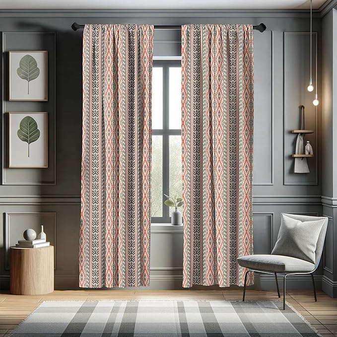 Ambesonne Southwestern Window Curtains, Traditional Vertical Borders Inspired by Prehistoric Art Ikat Style, Lightweight Decorative Panels Set of 2 with Rod Pocket, Pair of - 28" x 95", Brown Coral