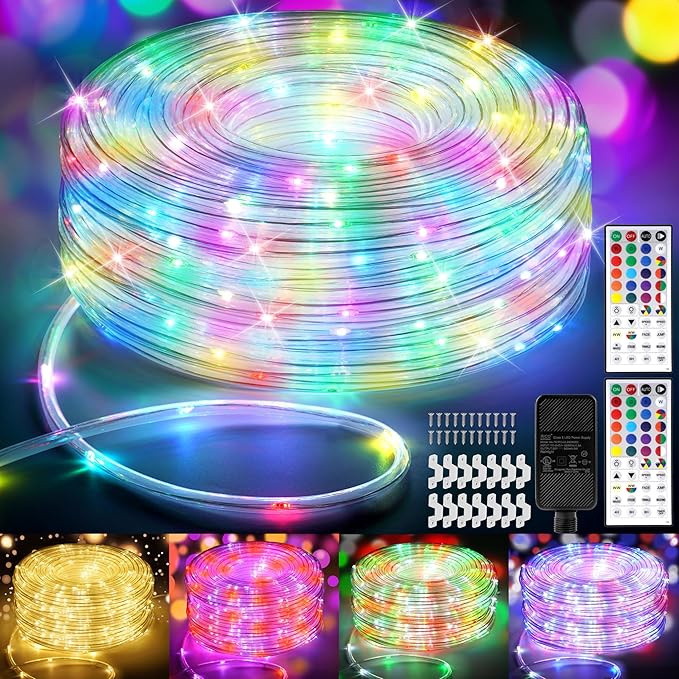 300 LED Rope Lights Outdoor String Lights Plug in, 100ft Warm White & Color Changing Christmas Lights Outdoor, Fairy Lights with Remote, Rope Lighting Waterproof for Garden Balcony(Not Connectable)