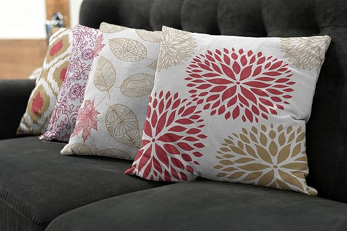 Ambesonne Vintage Throw Pillow Cushion Case Pack of 4, Bohemian Ornamental Leaves Dahlia Pattern Geometric Art Curlicue Motif, Modern Accent Double-Sided Digital Printing, 20", Dark Pink and Camel